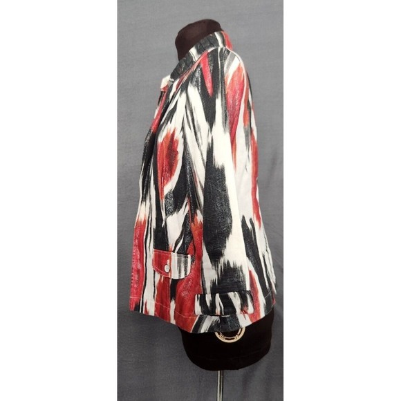 Chico's Red White Black Abstract Shimmer Open Front Linen Blend Jacket Sz 0 S - Picture 2 of 9